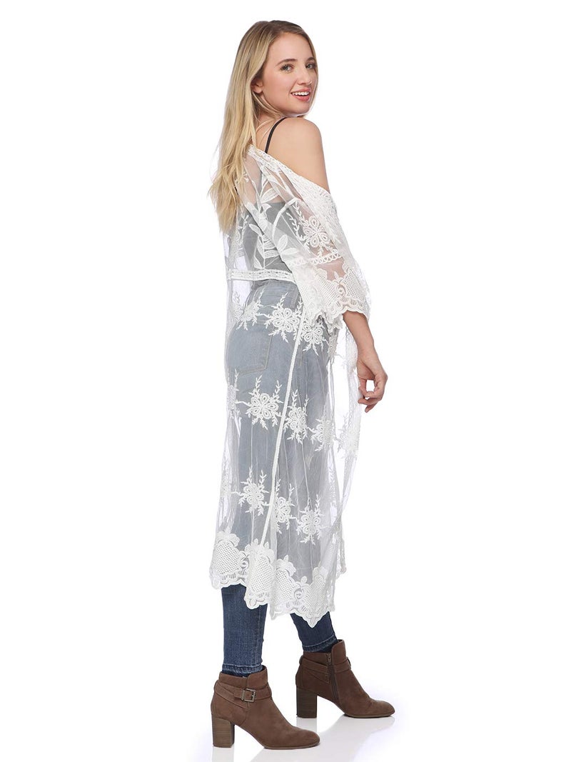 Anna-Kaci Womens Half Sleeve Lace Flower Embroidered Cover up Kimono Cardigan, Ivory, One Size - Image 4